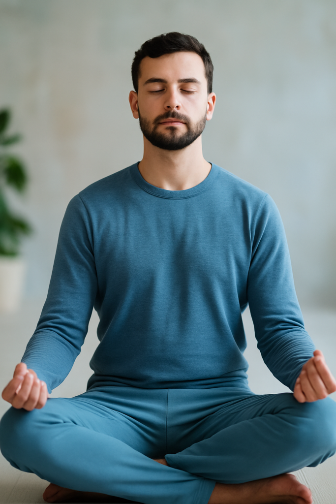 Homme assis en posture de méditation, les yeux fermés, vêtu de bleu, dans un espace lumineux et calme avec fond flouté.