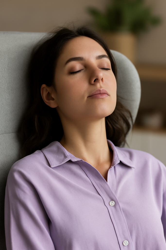 Femme allongée dans un fauteuil en séance de relaxation, les yeux fermés, portant un chemisier lavande, dans un environnement calme.